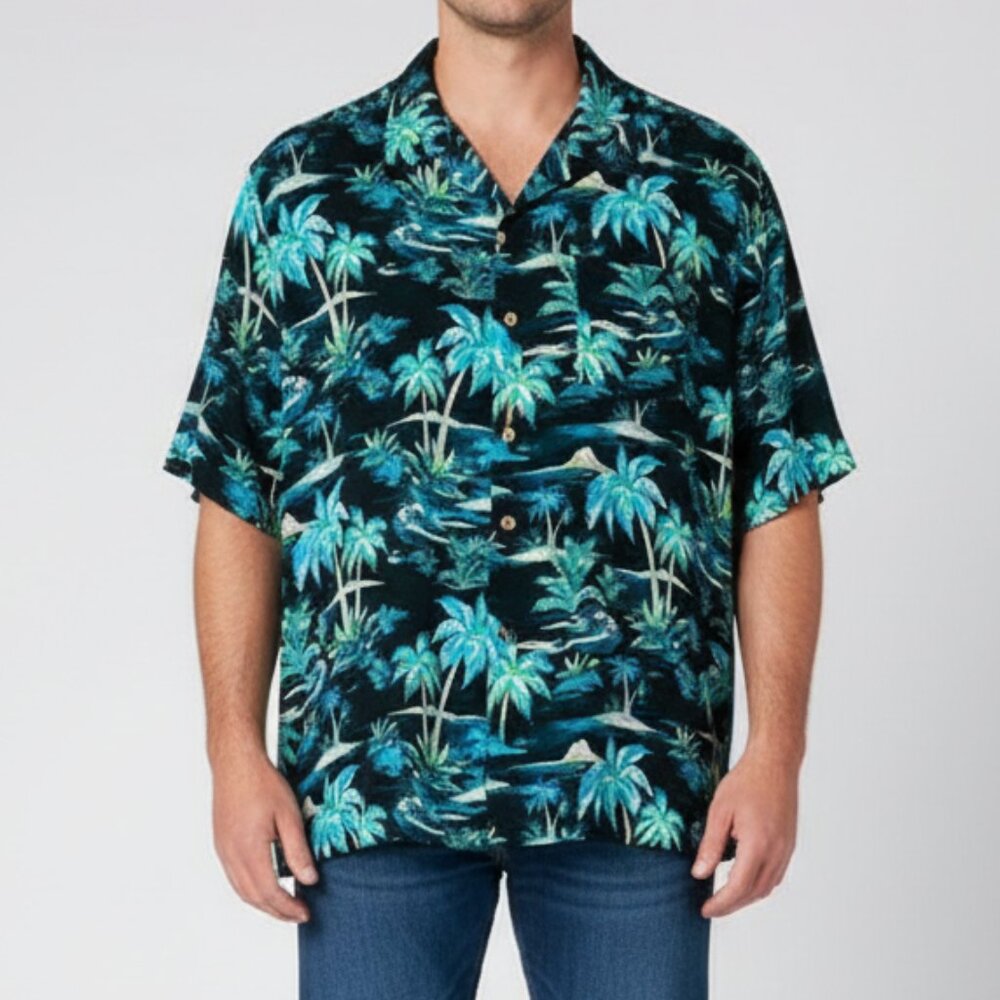 Hawaiian‎ Aloha Shirt KS Island Men's 6XL Black Blue Green Palm Tree Rayon